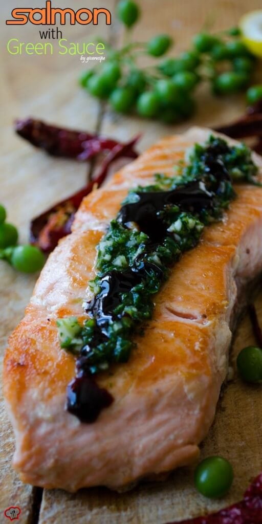 Pan-Fried Salmon with Green Sauce | giverecipe.com | #salmonrecipes #greensauce #healthyrecipes #seafood #fishrecipes