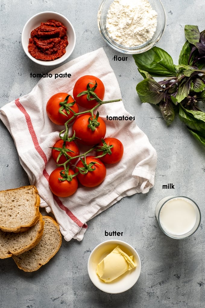 Fresh Tomato Soup recipe ingredients on a grey background.