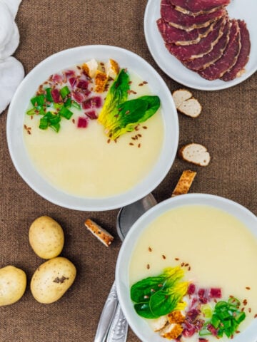This easy Cream of Potato Soup warms your heart perfectly on chilly days. Simple yet flavourful and comforting. Super creamy without cream, so it’s lighter and healthier.