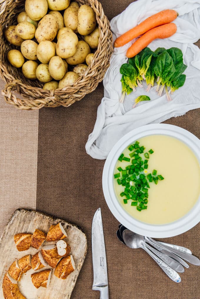 This easy Cream of Potato Soup warms your heart perfectly on chilly days. Simple yet flavourful and comforting. Super creamy without cream, so it’s lighter and healthier. 