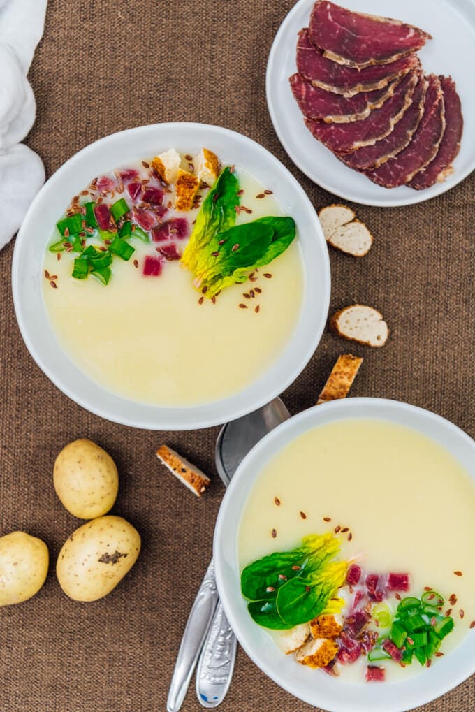 This easy Cream of Potato Soup warms your heart perfectly on chilly days. Simple yet flavourful and comforting. Super creamy without cream, so it’s lighter and healthier. 