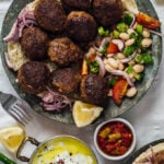 Homemade Turkish Meatballs served with bean salad and cucumber dip