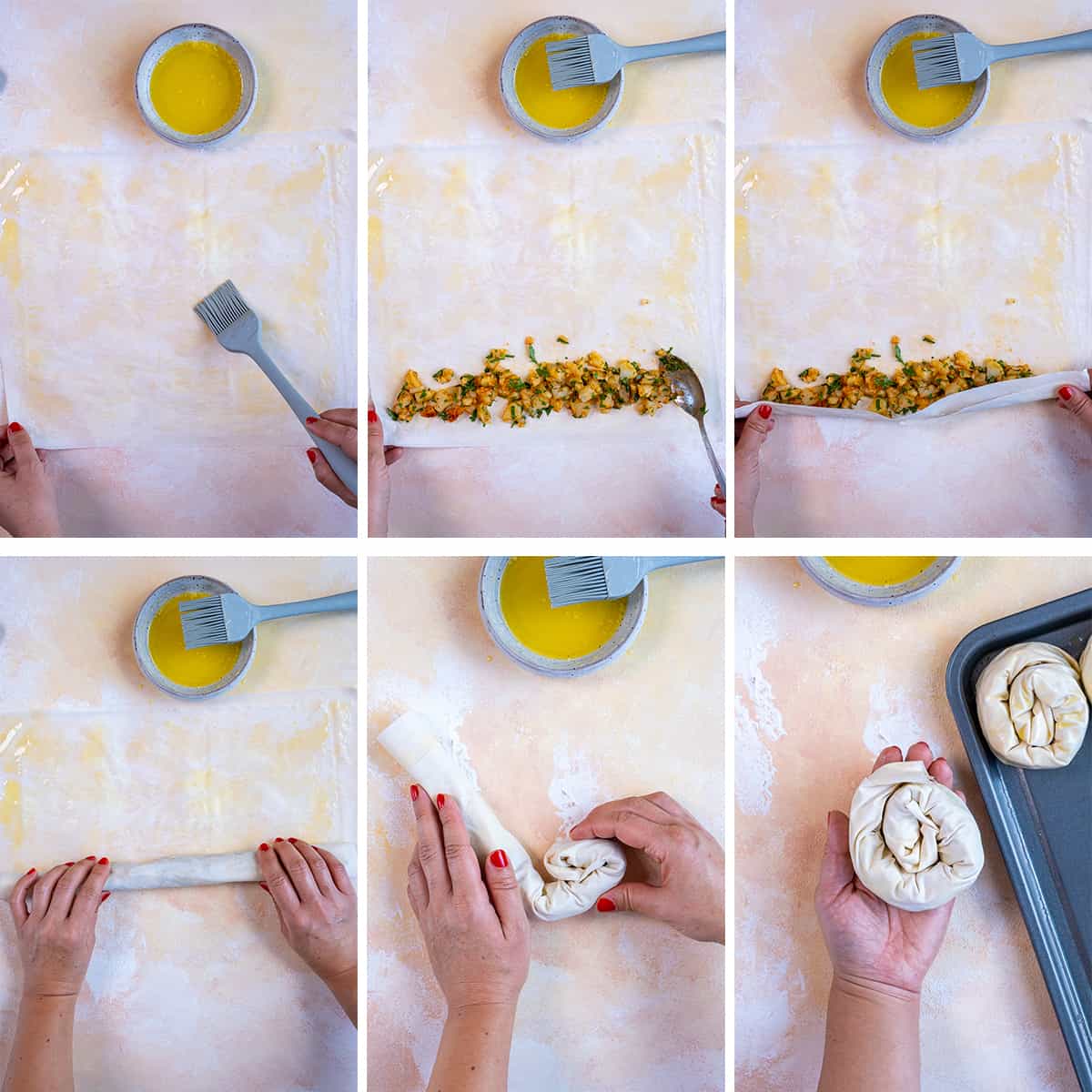 A collage of images showing how to make borek from filo pastry.