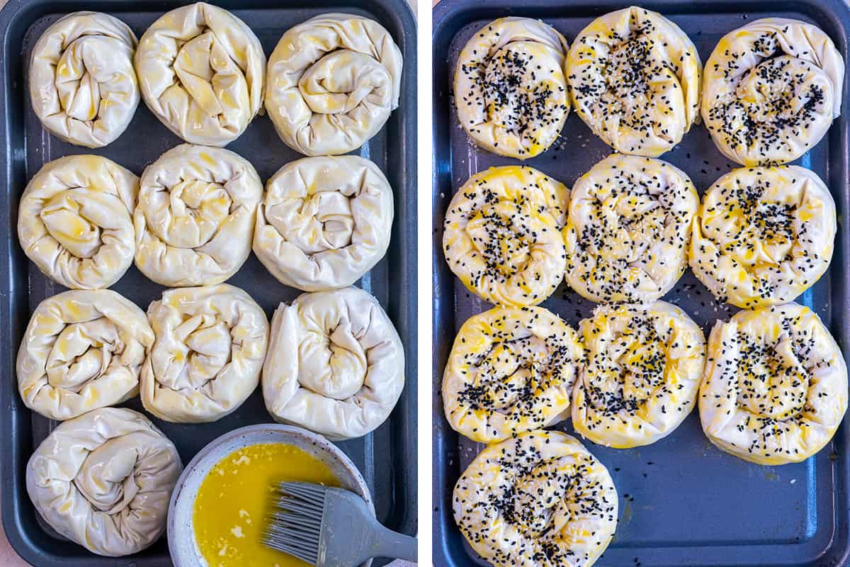 A collage of two images showing how to top borek rolls with melted butter and seeds.