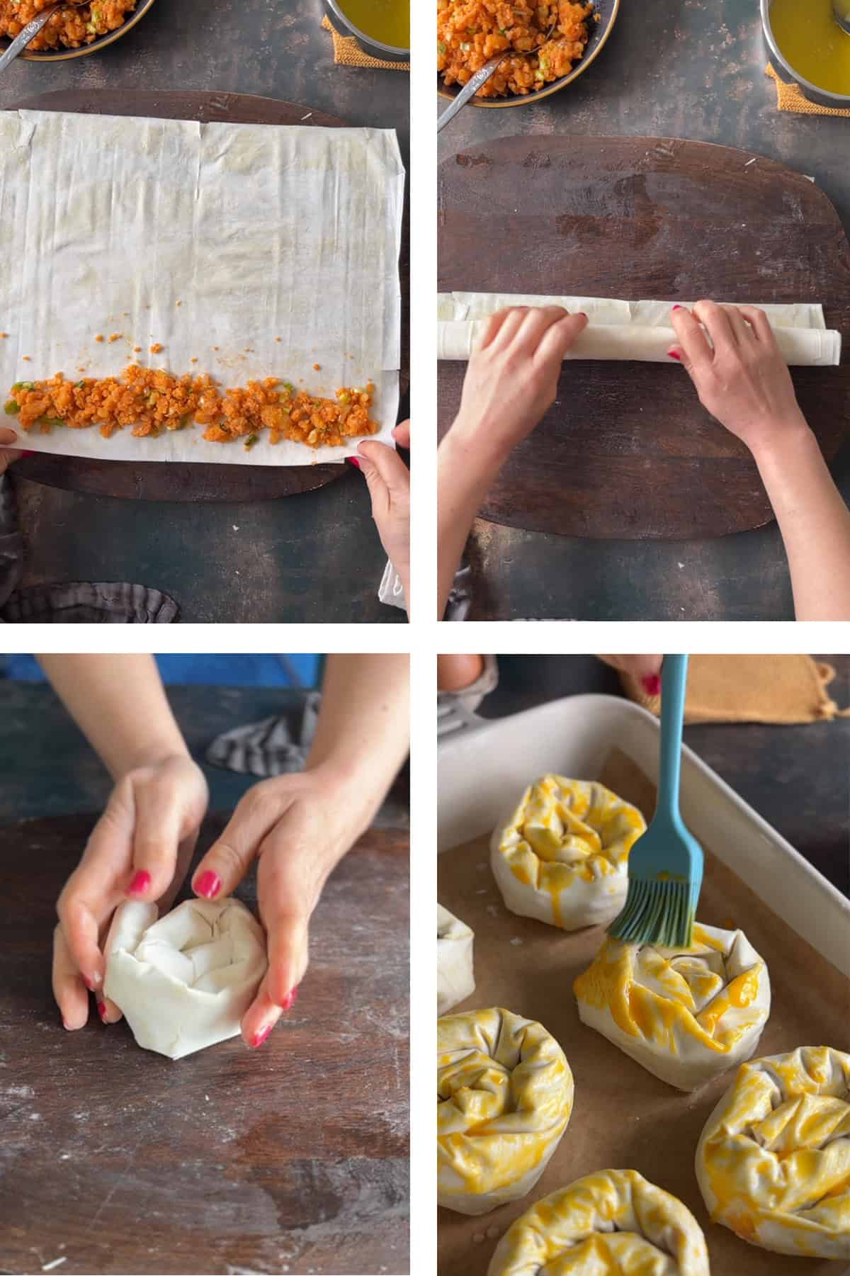 Step-by-step process of making spiral potato börek: filling phyllo, rolling, shaping into spirals, and brushing with egg wash.