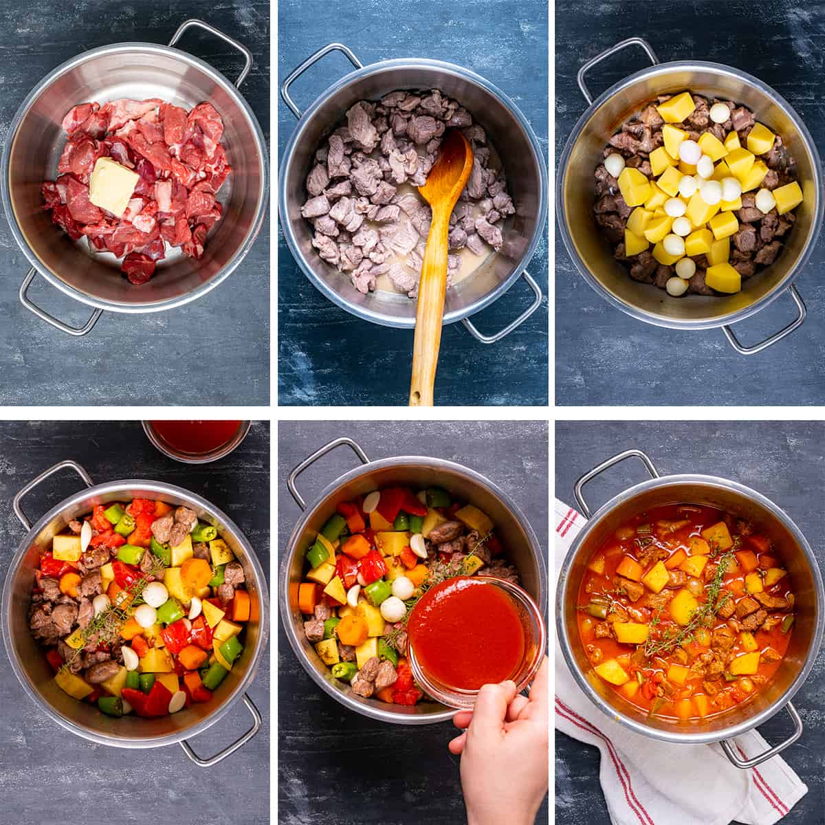 A collage of six pictures showing how to make Turkish lamb stew with vegetables.