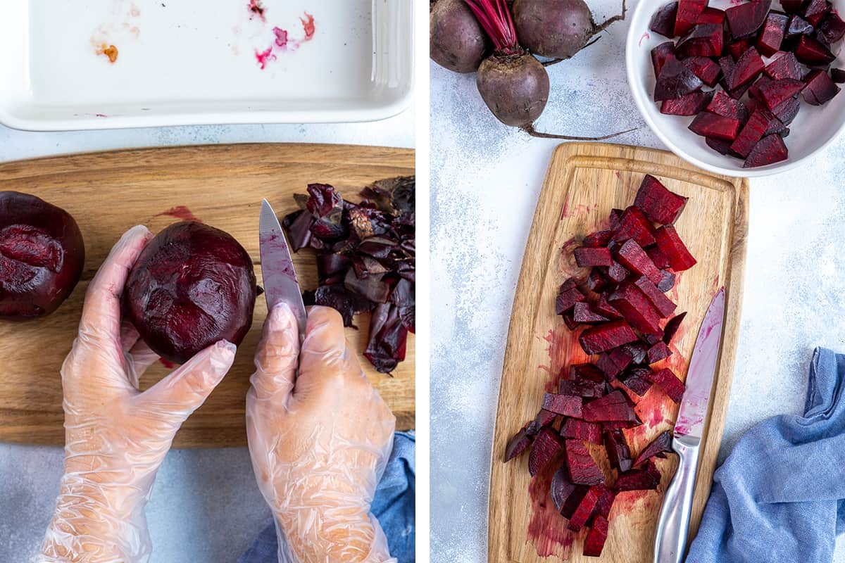 Two images showing how to peel and chop roast beets.