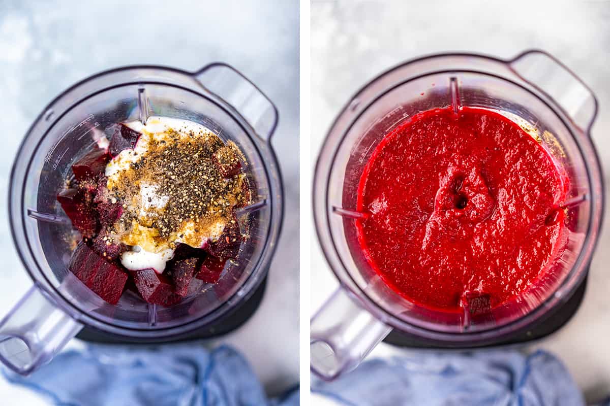 Two images showing how to make beetroot sauce in a food processor.