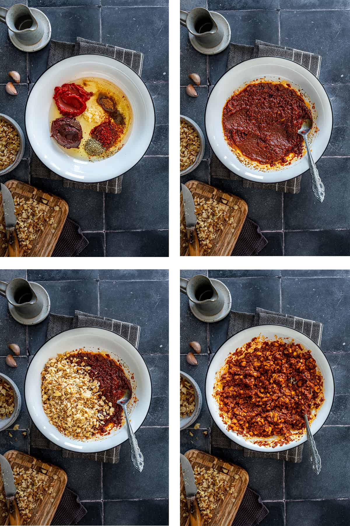 Step-by-step photos showing how to make acuka by mixing tomato paste, pepper paste, garlic, olive oil and spices, then adding chopped walnuts and stirring until combined.