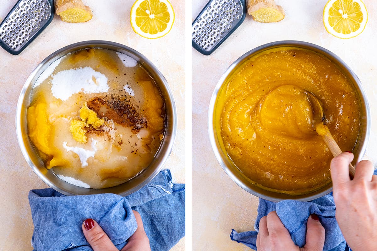Two pictures showing how to make pumpkin jam.