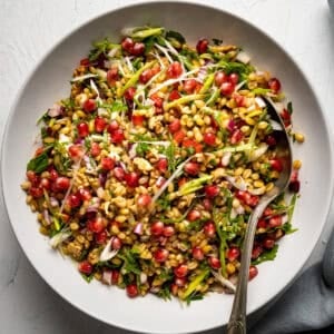 Salad with wheat berries, herbs, walnuts and pomegranate arils in a white bowl and a metal spoon in it.