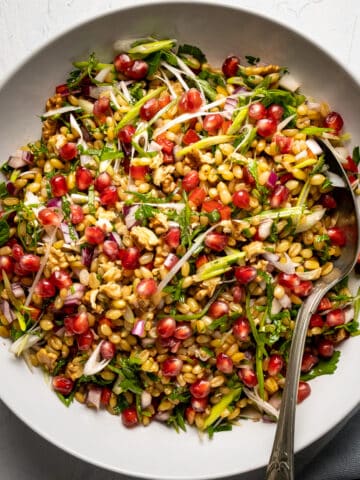 Salad with wheat berries, herbs, walnuts and pomegranate arils in a white bowl and a metal spoon in it.