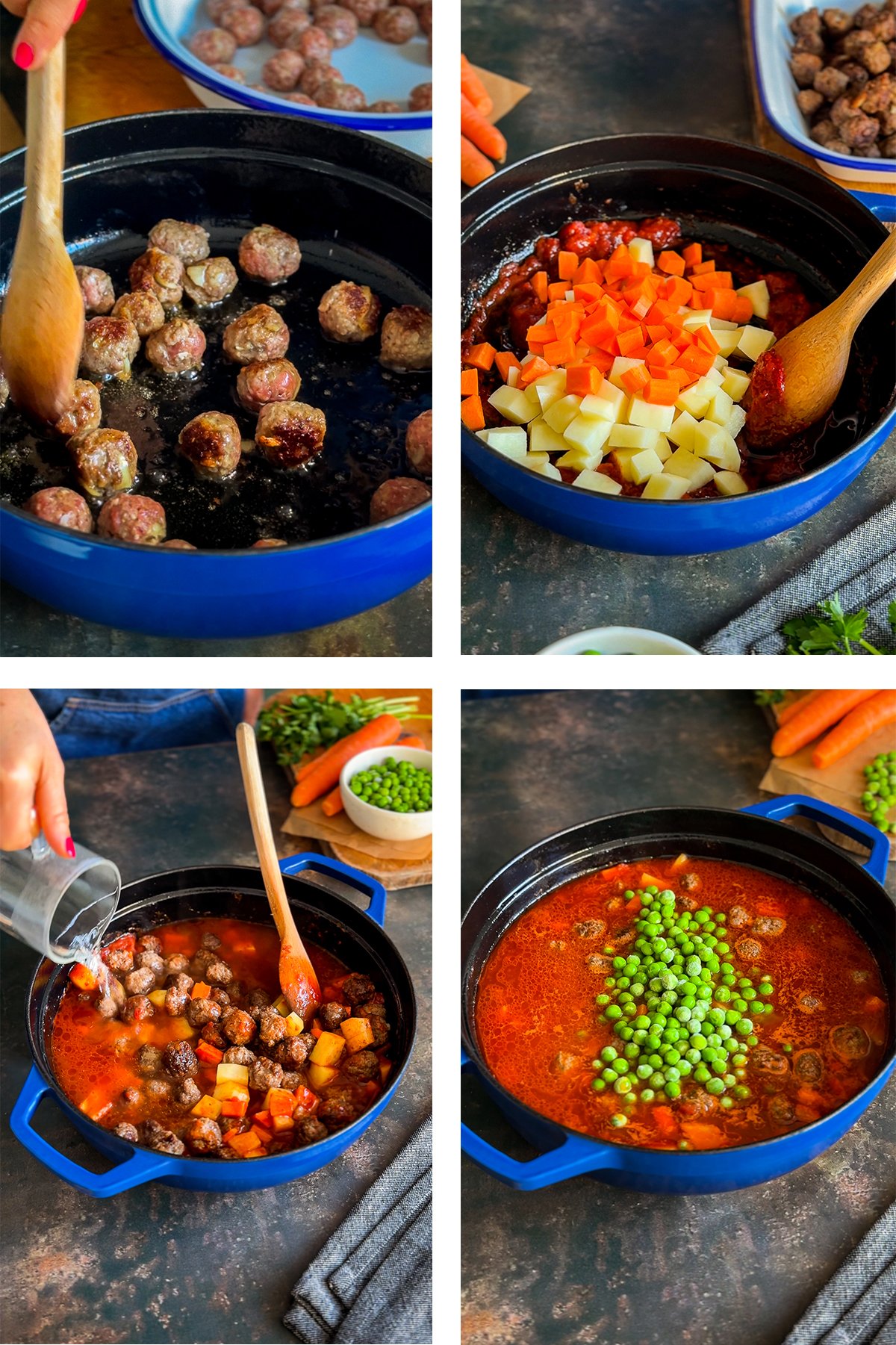 Step-by-step process of making Turkish Meatball Stew (Sebzeli Köfte): frying meatballs, cooking tomato paste with diced potatoes and carrots, adding water and meatballs, then finishing with peas in a blue pot.