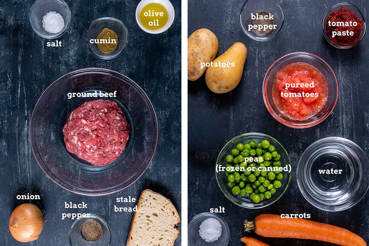Overhead shot showing ingredients for Turkish Meatball Stew (Sebzeli Köfte), including ground beef, onion, bread, spices, olive oil, potatoes, carrots, peas, tomato paste, and pureed tomatoes on a dark background.