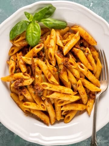 Sun dried tomato pasta with basil leaves and a for inside.