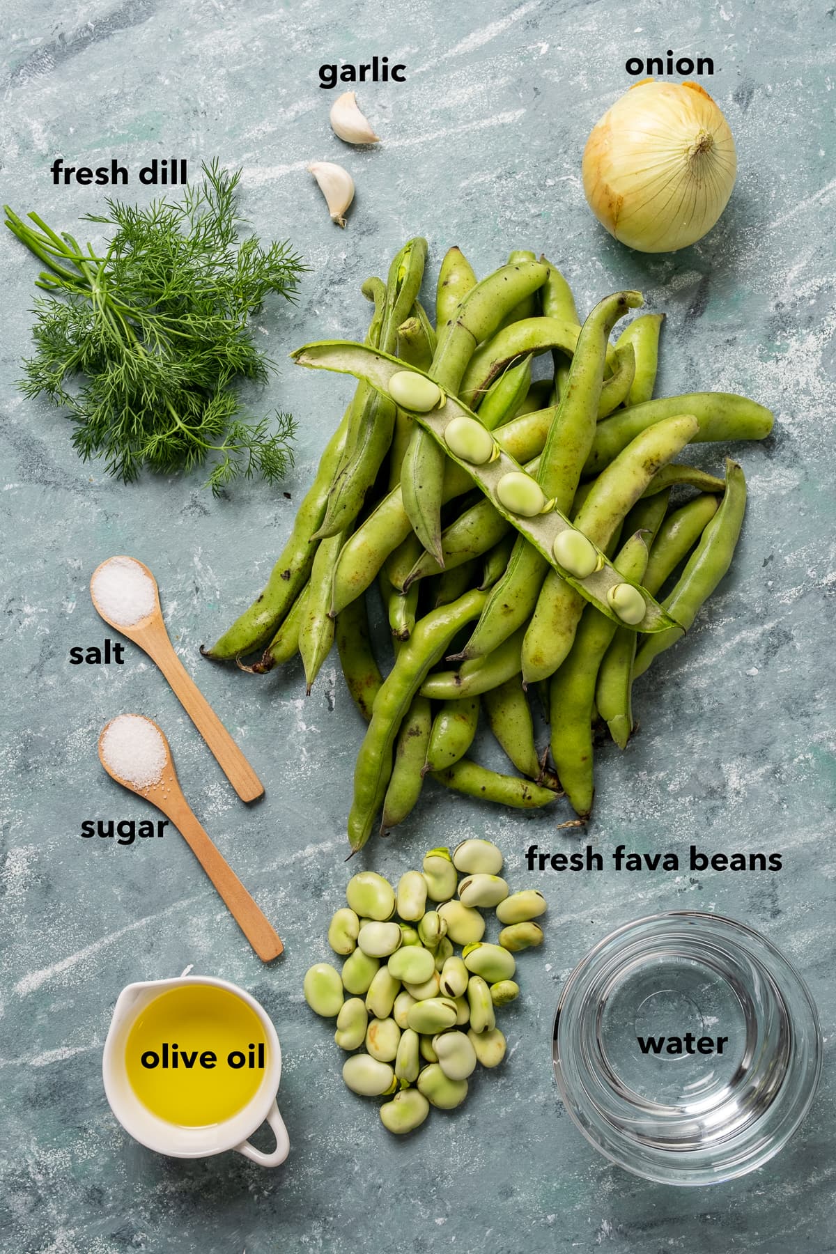 Fresh fava bean pods, fava beans without the pod, olive oil in a cup, water in a glass, an onion, two colves garlic, a bunch of fresh dill, salt and sugar in two wooden spoons on a grey background.