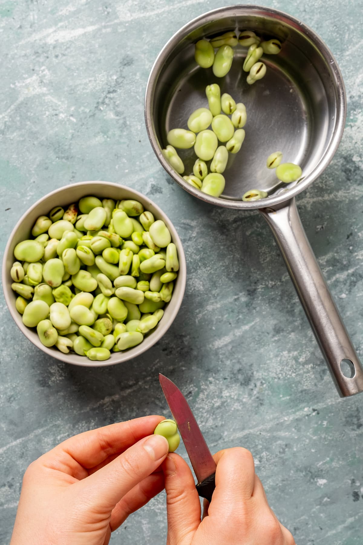 Hands making a slit on a fava bean removed from the pod, beans in a bowl and in a saucepan with hot water on the background.