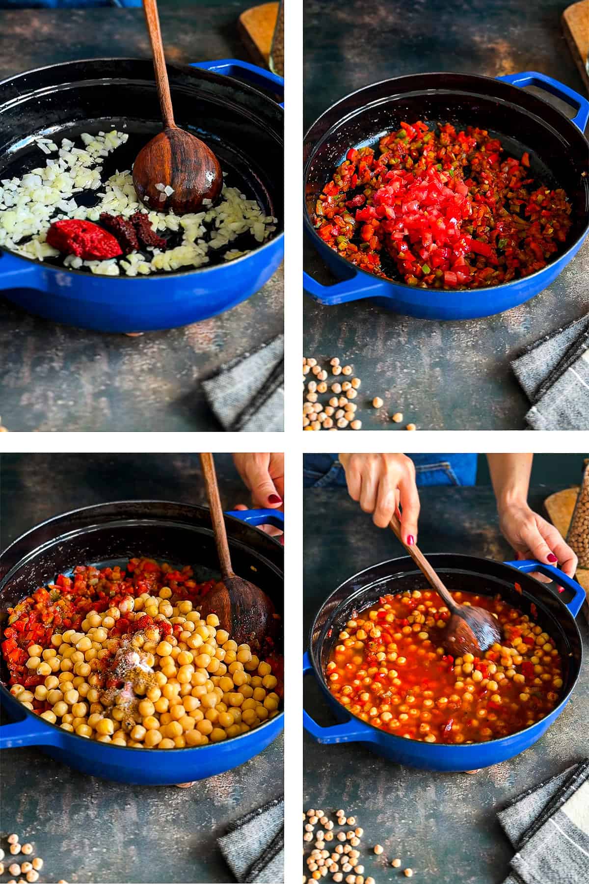 Step-by-step process of making Turkish chickpea stew (Etsiz Nohut Yemeği) in a blue pot with onions, tomato paste, tomatoes, chickpeas, and spices.