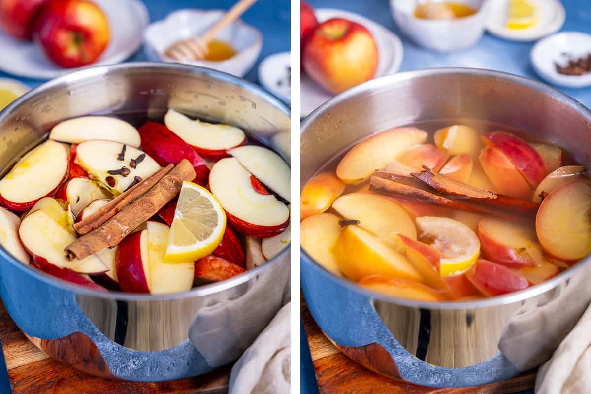 A collage of two pictures showing how to cook the apples and spices to make apple tea.