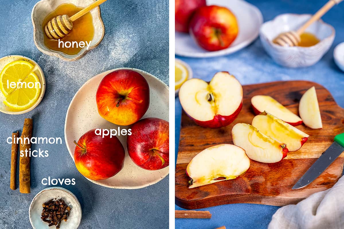 A collage of two pictures showing the ingredients of apple tea and how to slice apples.