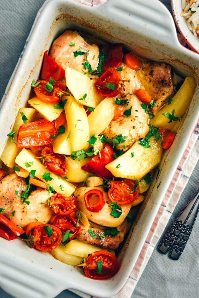 Roasted chicken with vegetables in a casserole pan