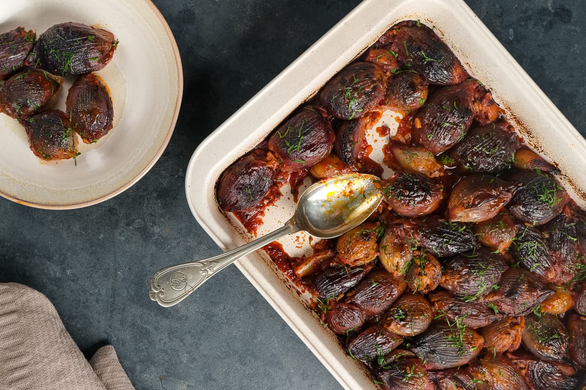 Stuffed onions served in a dish an