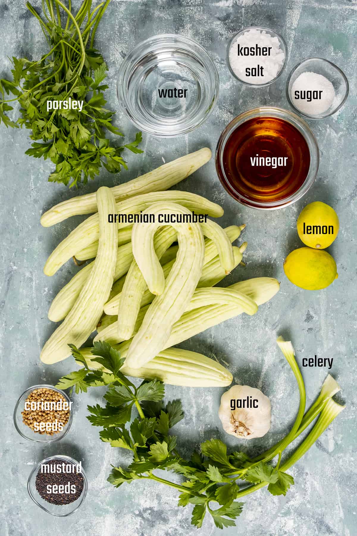 Armenian cucumbers and other pickling ingredients on a grey background.