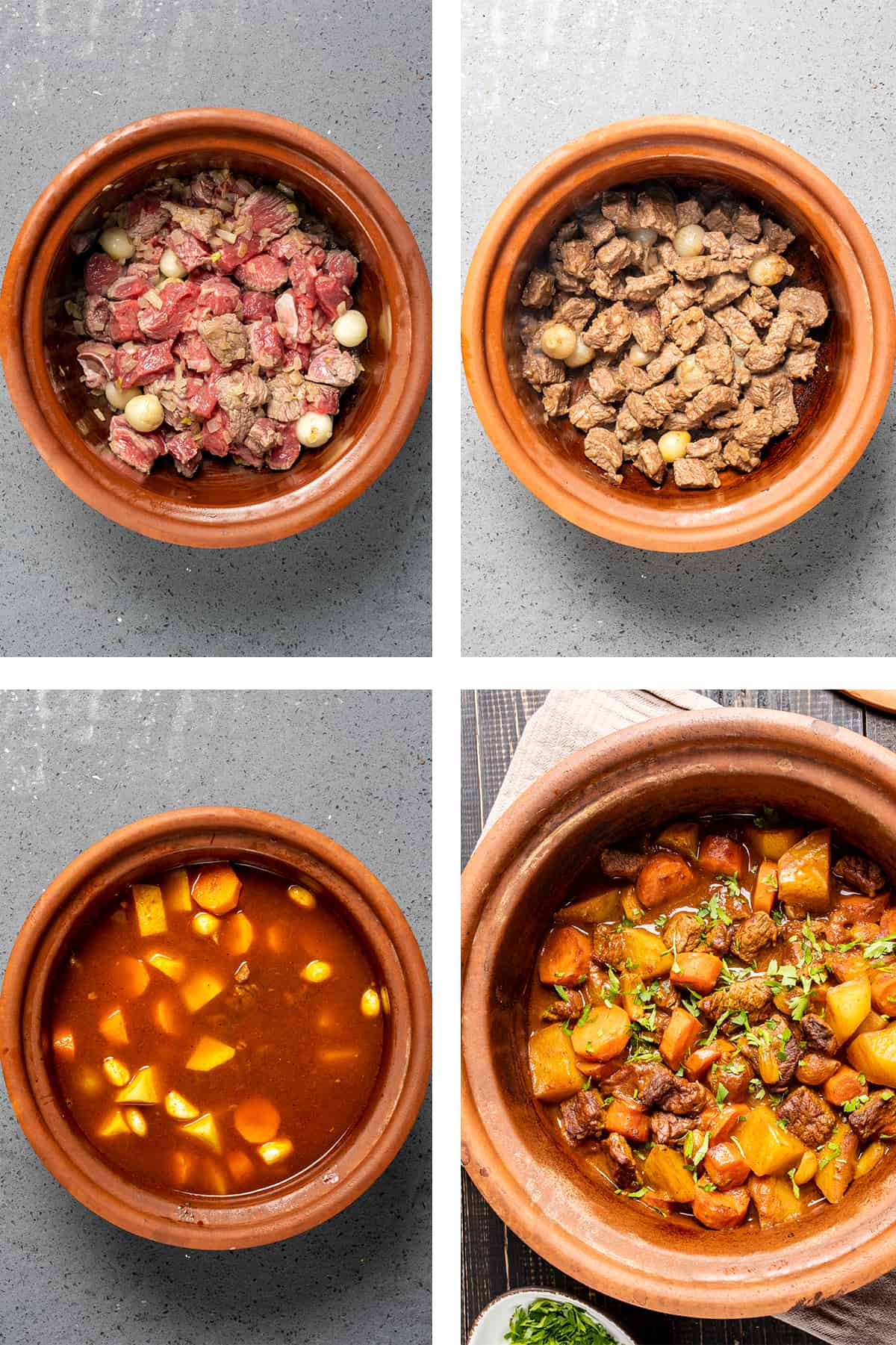 A collage of four pictures showing how to cook beef and vegetables in a clay pot to make a beef stew.