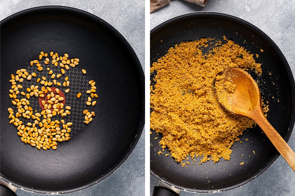 A collage of two pictures showing how to cook pine nuts and semolina flour.