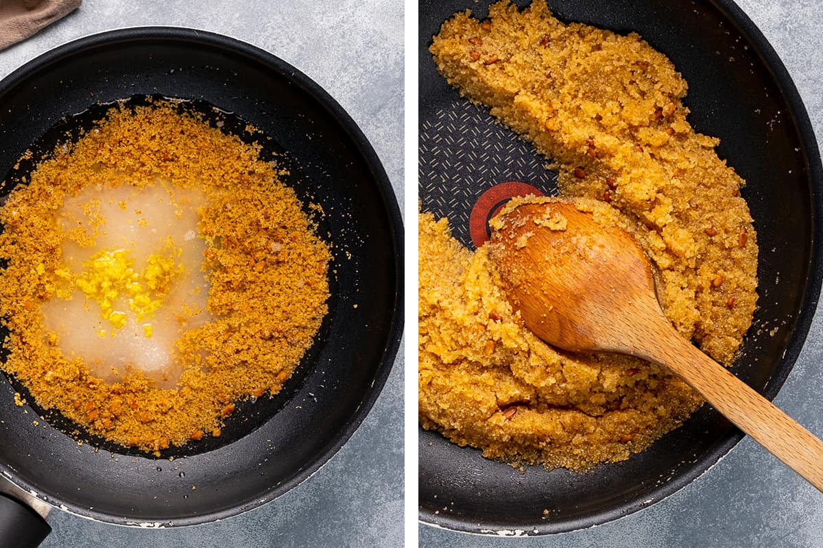 A collage of two pictures showing how to make irmik helvasi.