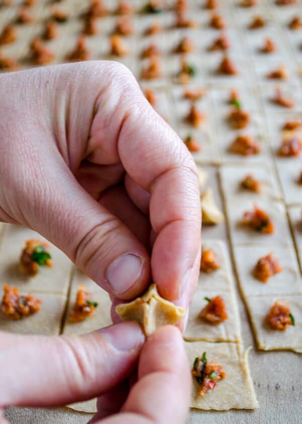 Hands sealing manti dough.