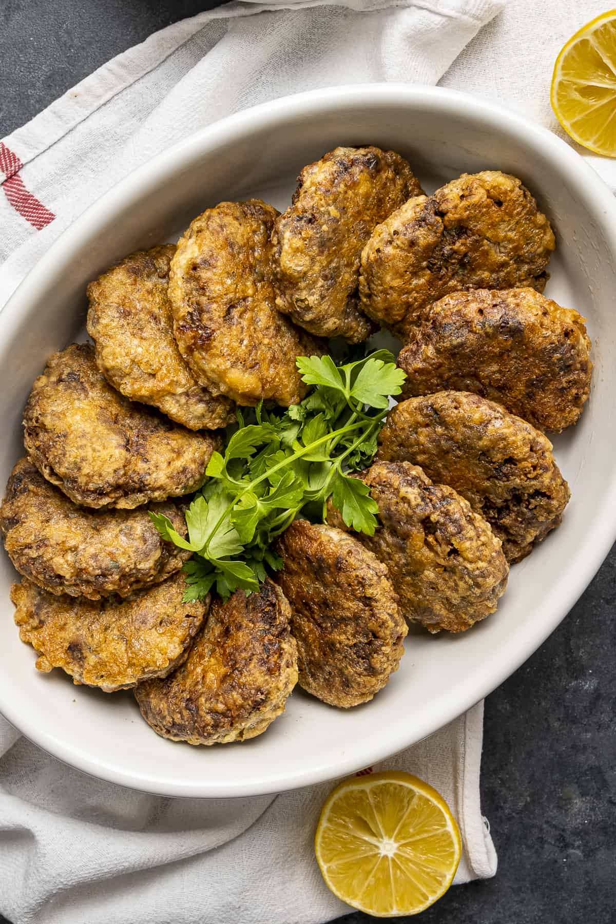 Kadınbudu köfte in a white oval dish.