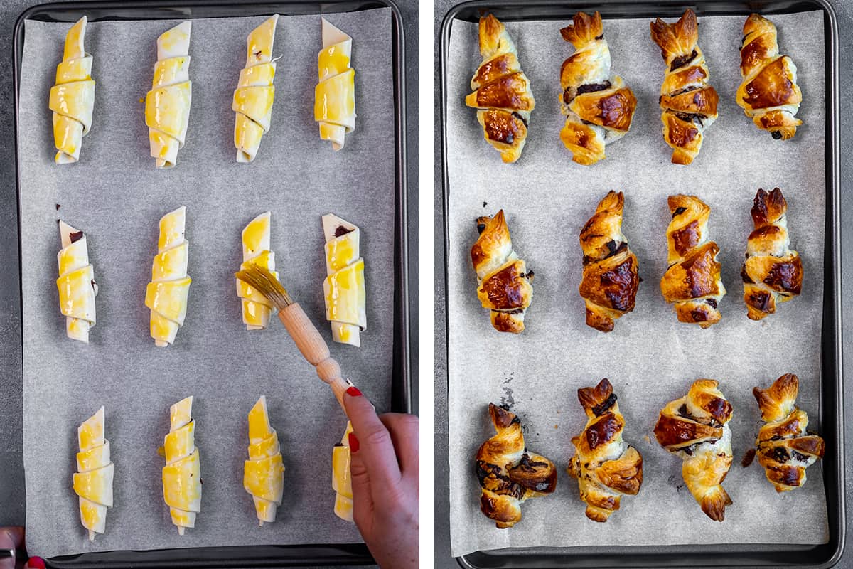 A collage of two pictures showing puff pastry rolls before and after they are baked.