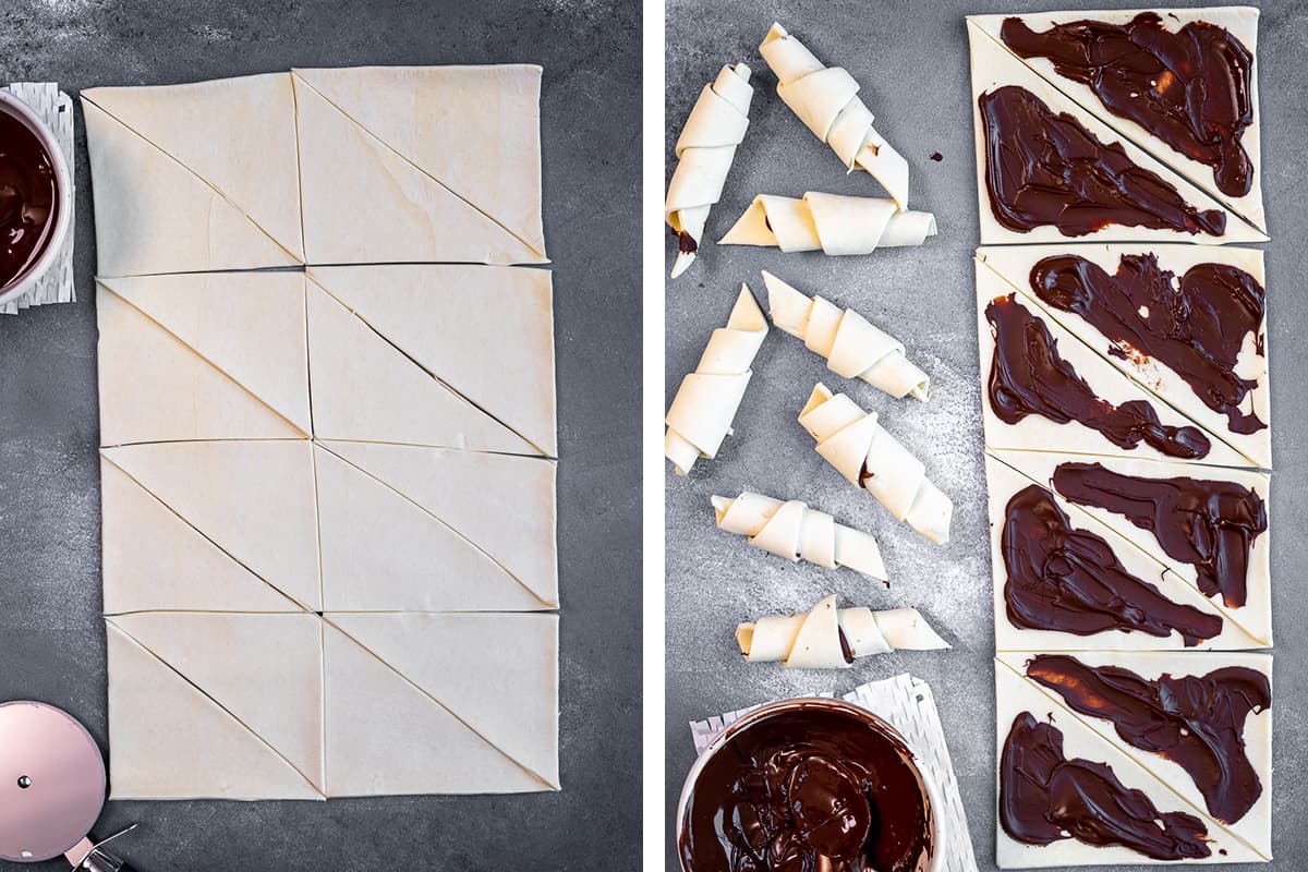 A collage of two pictures showing how to cut a puff pastry sheet and how to fill them with chocolate.