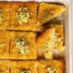 Golden and crispy kadaif slices topped with crumbled pistachios.