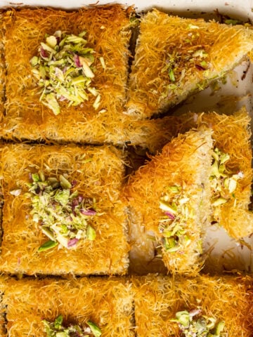 Golden and crispy kadaif slices topped with crumbled pistachios.
