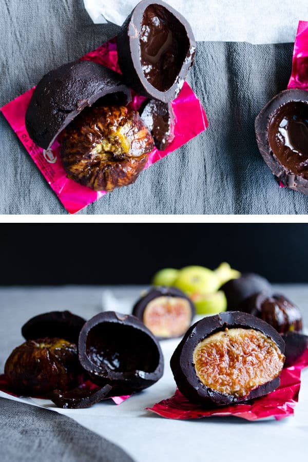 Looking for a healthier sweet summer snack? Make these Chocolate Covered Figs! Jammy fresh figs are coated with a dark chocolate mixture and then chilled. The sweetness of figs and bittersweet flavor of dark chocolate are perfectly balanced. So impressive! #figs #chocolatecovered #healthysnack Chocolate Covered Fresh Figs