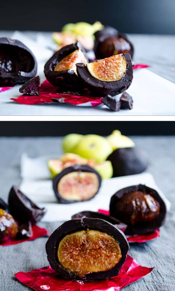 Looking for a healthier sweet summer snack? Make these Chocolate Covered Figs! Jammy fresh figs are coated with a dark chocolate mixture and then chilled. The sweetness of figs and bittersweet flavor of dark chocolate are perfectly balanced. So impressive! #figs #chocolatecovered #healthysnack Chocolate Covered Fresh Figs