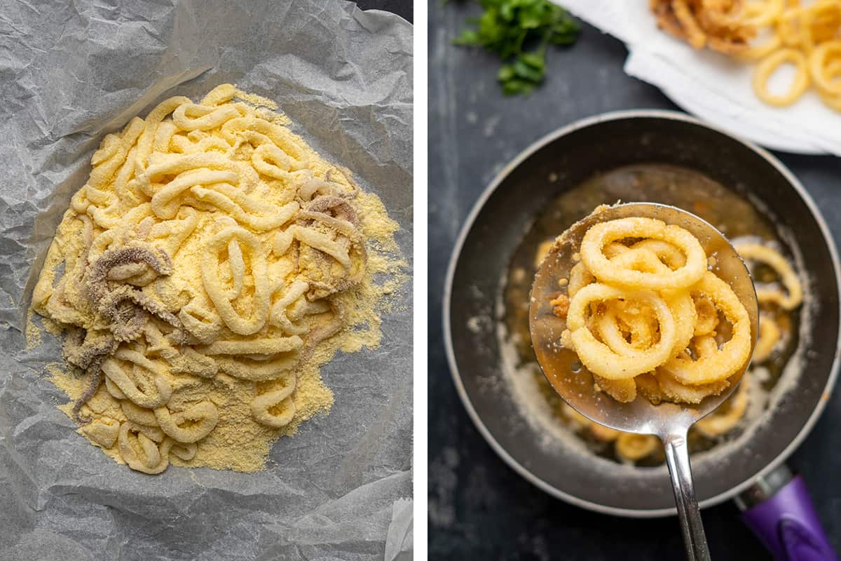 A collage of two pictures showing how to coat calamari rings with cornmeal and then fry them.