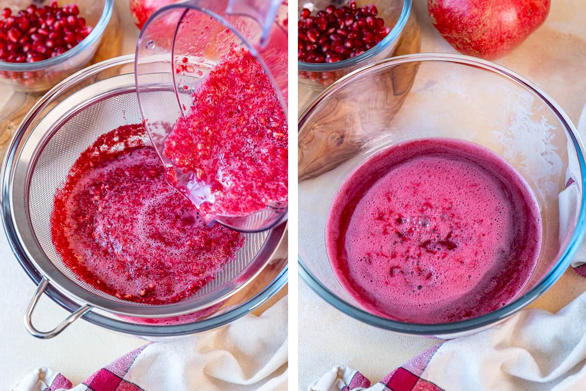 A collage of two pictures showing how to strain pomegranate juice.