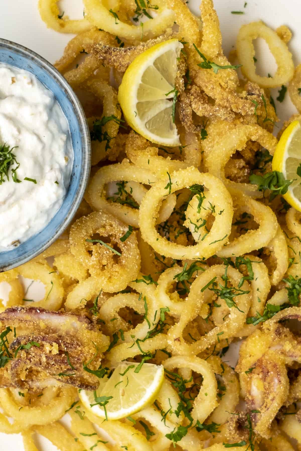 Fried calamari garnished with chopped parsley and lemon slices served with a mayo sauce on the side.