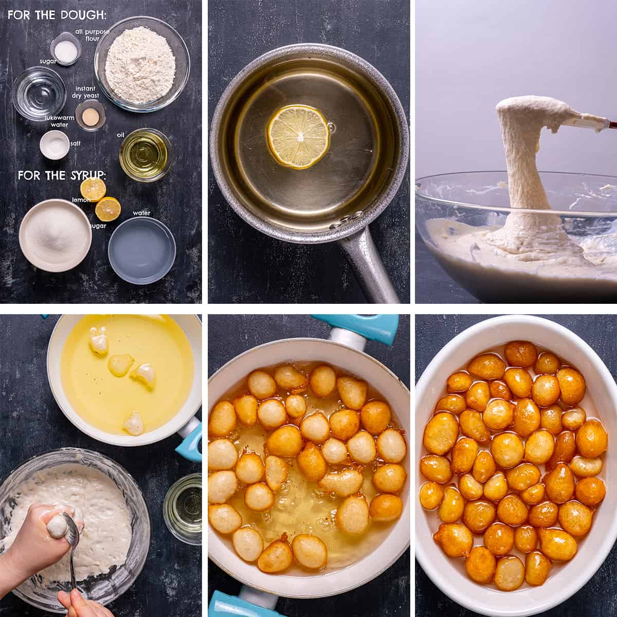 A collage of six pictures showing how to make lokma dessert.