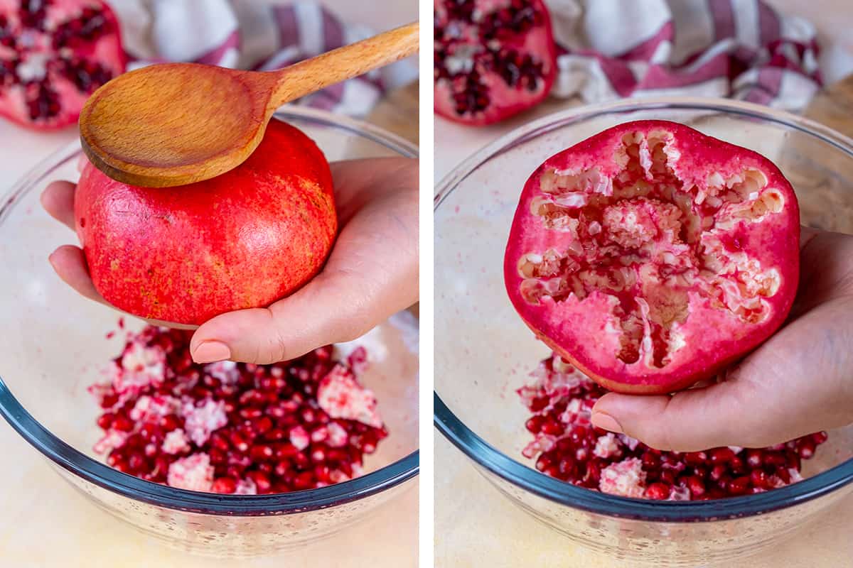 A collage of two pictures showing how to remove the pomegranate arils from the rind.