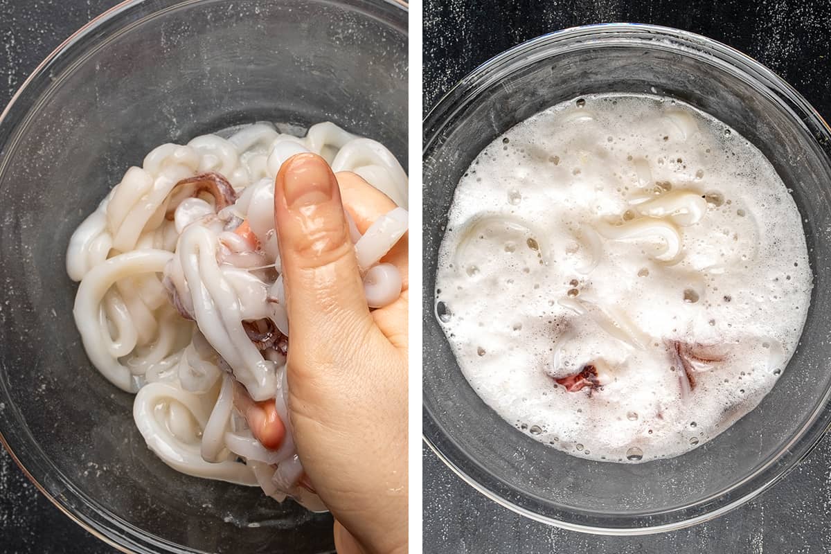 A collage of two pictures showing how to marinate calamari rings.