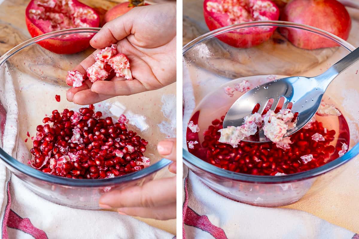 A collage of two pictures showing how to remove the membranes from pomegranate arils.