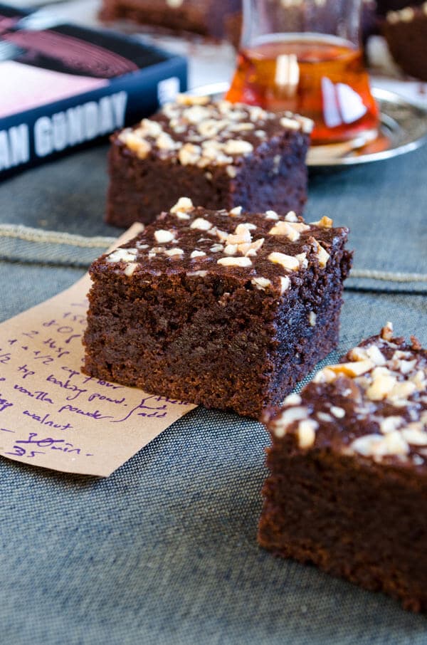 Chocolate apple brownies sliced in squares