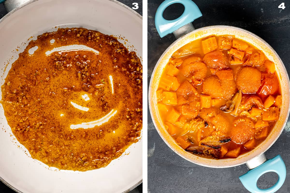 Two images combined showing the spiced oil in the pan and cooking the roasted carrots and tomatoes in it.