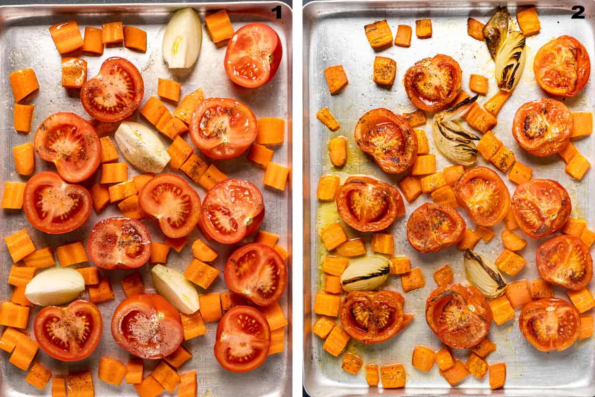 Two images combined showing how to roast tomatoes, carrots and onions.