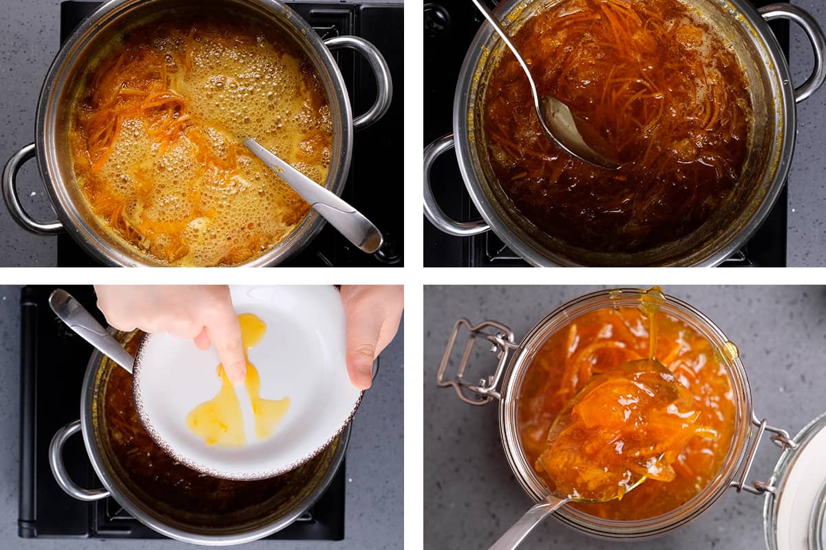 A collage of four pictures showing how to make orange marmalade.