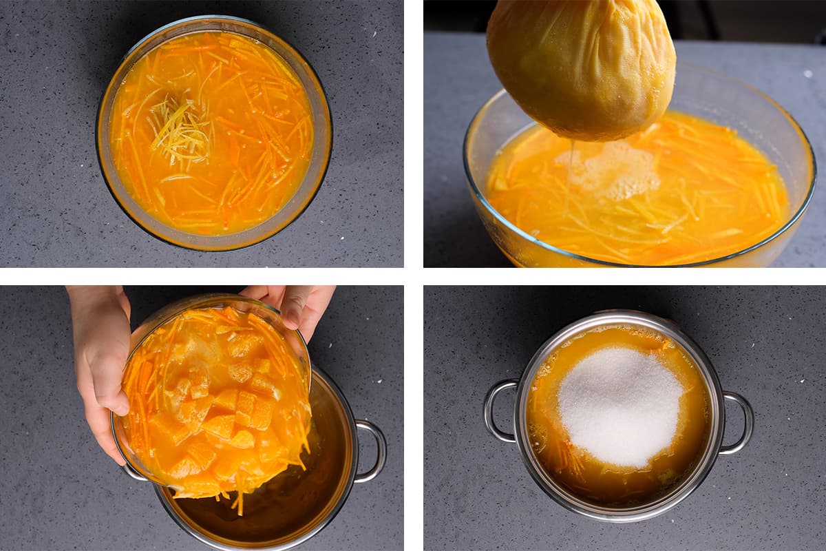 A collage of four pictures showing how to make orange jam.